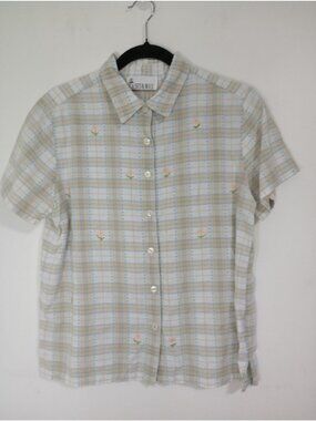 Casey & Max Womens Medium Floral Embroidered Plaid Button-Up Shirt 100% Cotton